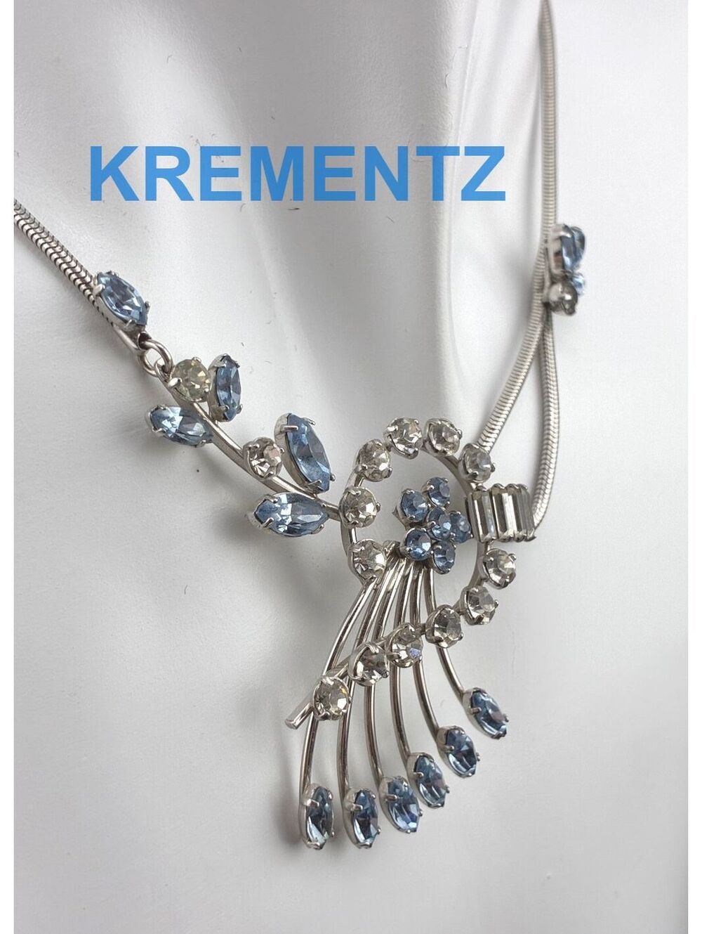 VTG Krementz Blue and Clear Rhinestone Floral Necklace 14K Rolled Gold Overlay